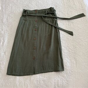 High-Rise Button-Front Olive Green Midi Skirt with Waist Tie